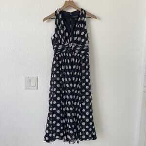 White House Black Market Y2K 90s Polka Dot Babydoll Silk Midi Dress Size 2 Black